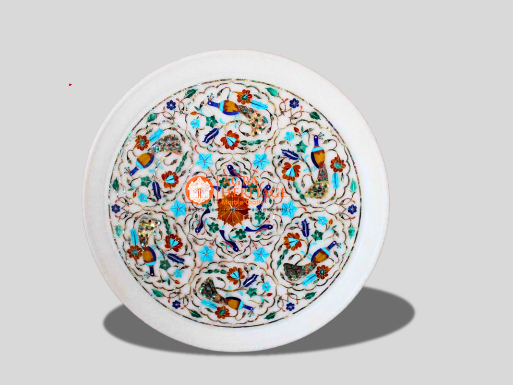 Peacock Art Marble Multi Inlay Floral Design Plate Interior